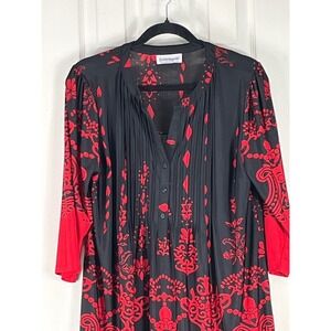 Serengeti Black Red Damask Pleated Tunic Top 3/4 Sleeve Button Front goth